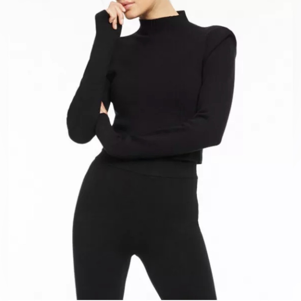 Culpos x INC Womens Black Padded Shoulder Mock Neck Cropped Sweater
